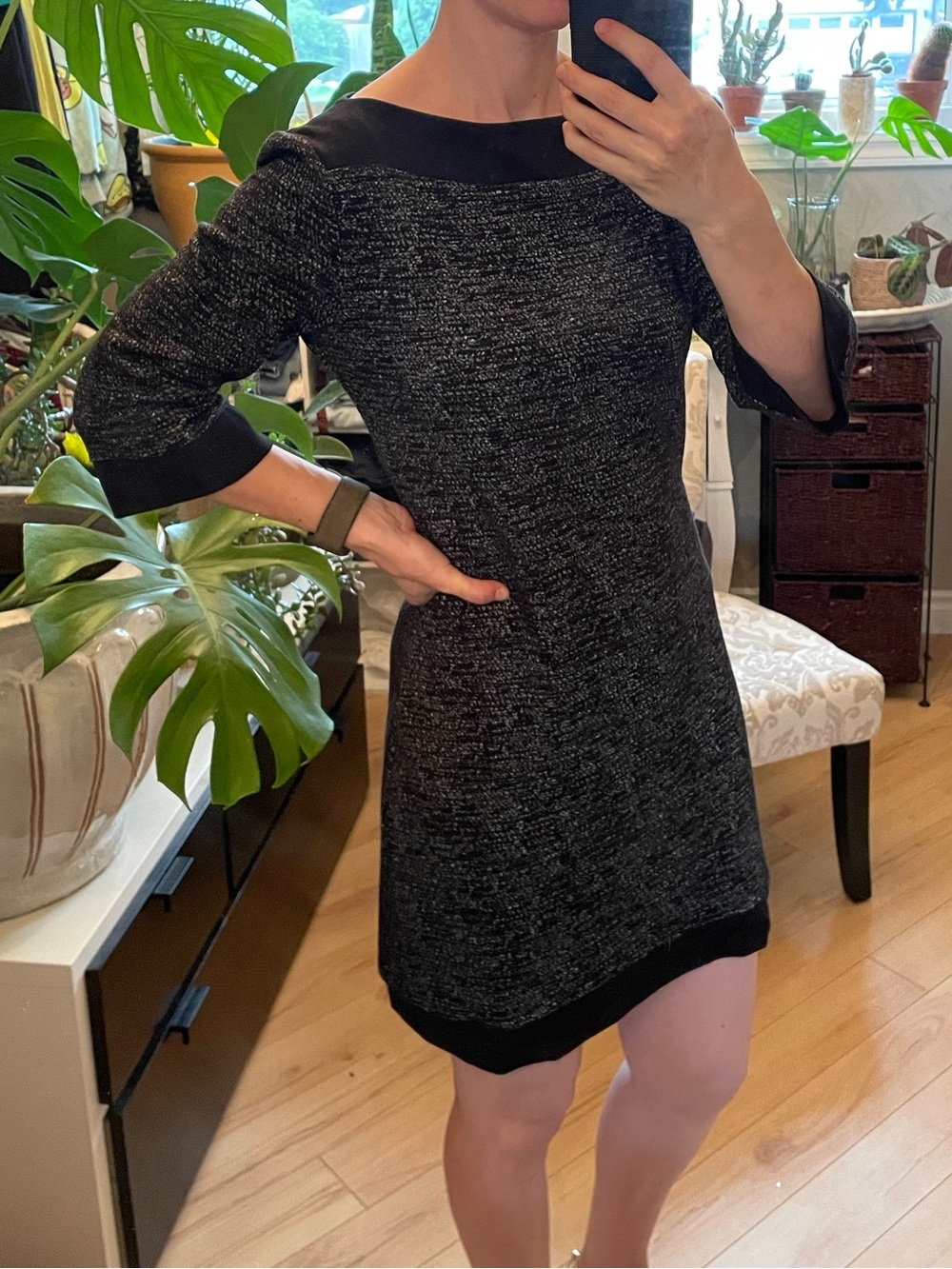 Le Chateau Sz M Black and Gray Textured Knit Dress with 3/4 Sleeves